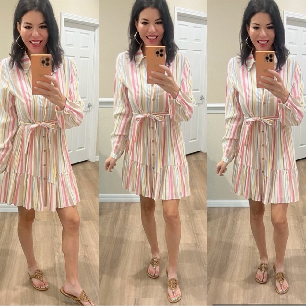 NWOT. BLUE IVY. Striped Tie-Waist Shirt Dress in Pastel Multi